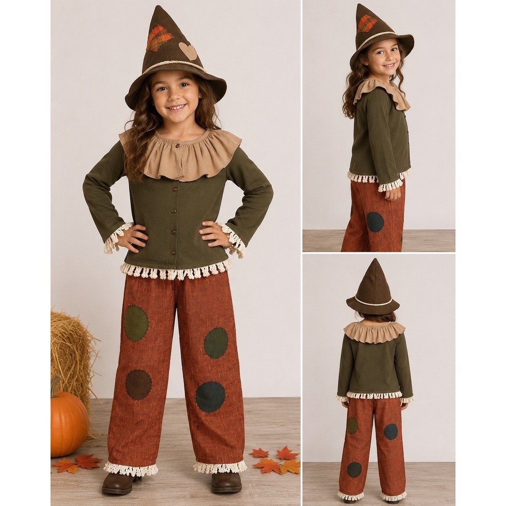 Kids Scarecrow Costume w/ Hat Size 130 US 7/8 3 Pc Halloween Patchwork Fringe Se
